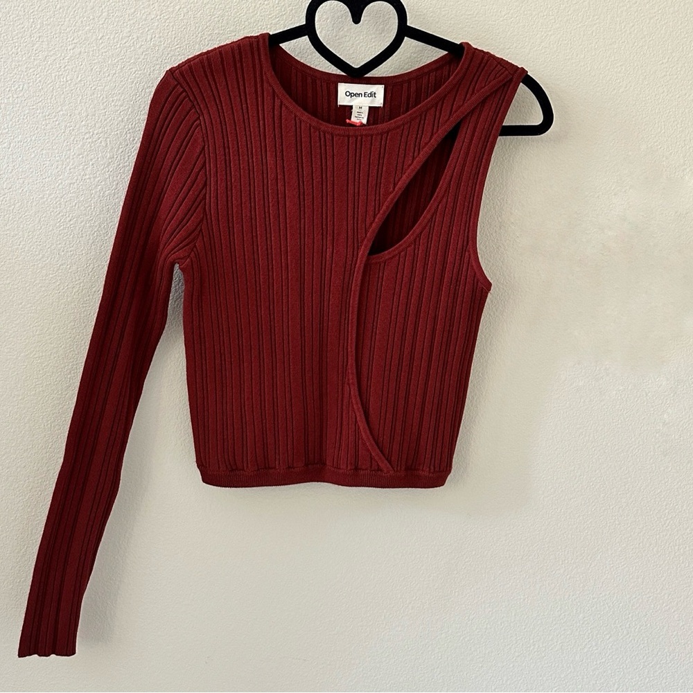 Open Edit Rust Orange Ribbed Cutout Knit Top NWT Size M